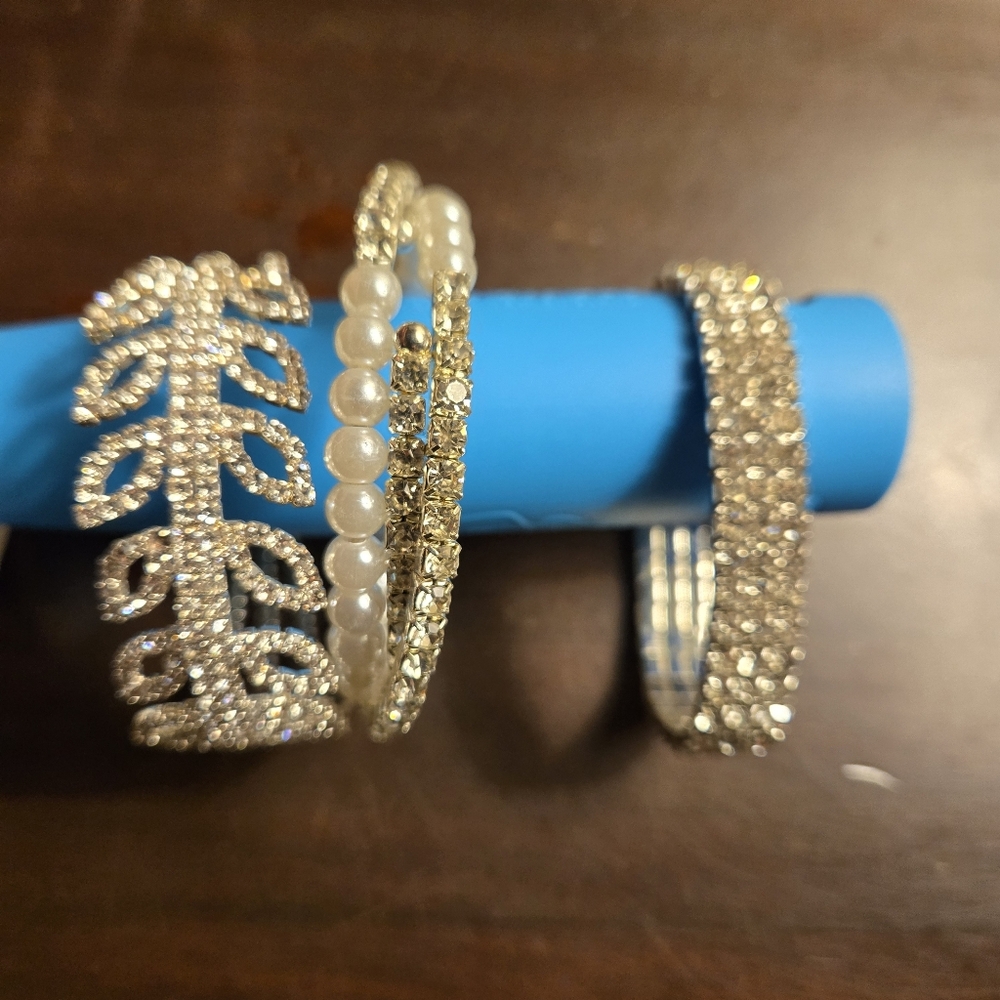 Trio Elegant Sparkly Silver Bracelets Pearl Crystal Diamond Special Event Bling